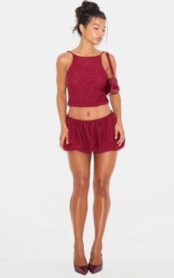 Hot PrettyLittleThing Tinsel Knit Detail Puffball Skirt Wine