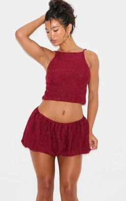 Hot PrettyLittleThing Tinsel Knit Detail Puffball Skirt Wine
