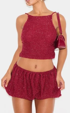 Hot PrettyLittleThing Tinsel Knit Detail Puffball Skirt Wine