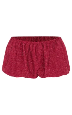 Hot PrettyLittleThing Tinsel Knit Detail Puffball Skirt Wine