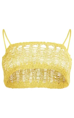 Hot PrettyLittleThing Asymmetric Crochet Sequin Knit Crop Top Yellow