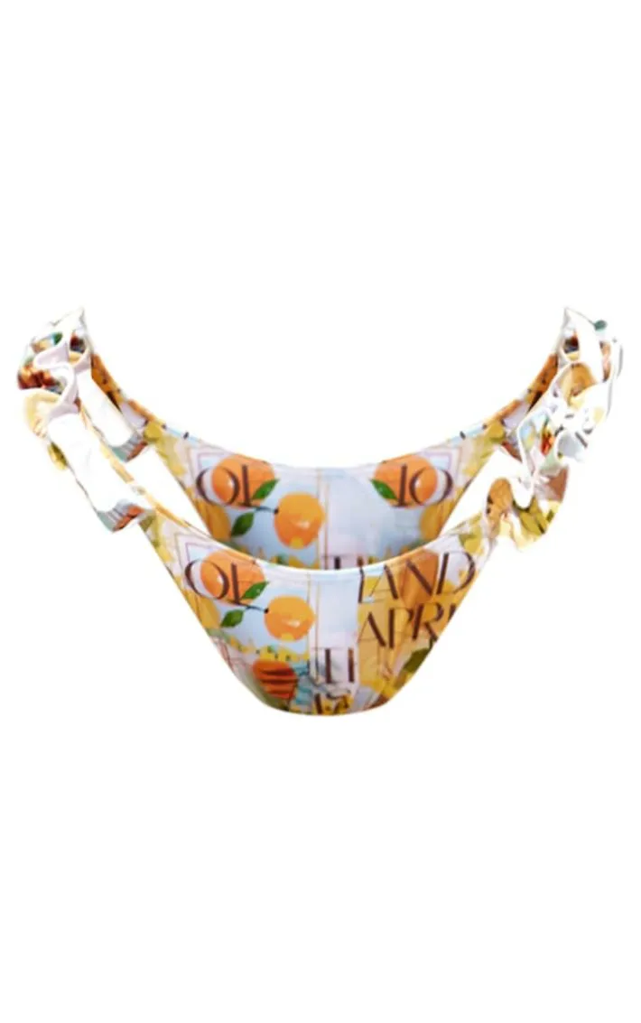 Yellow Capri Print Ruffle Tanga Bikini Bottoms