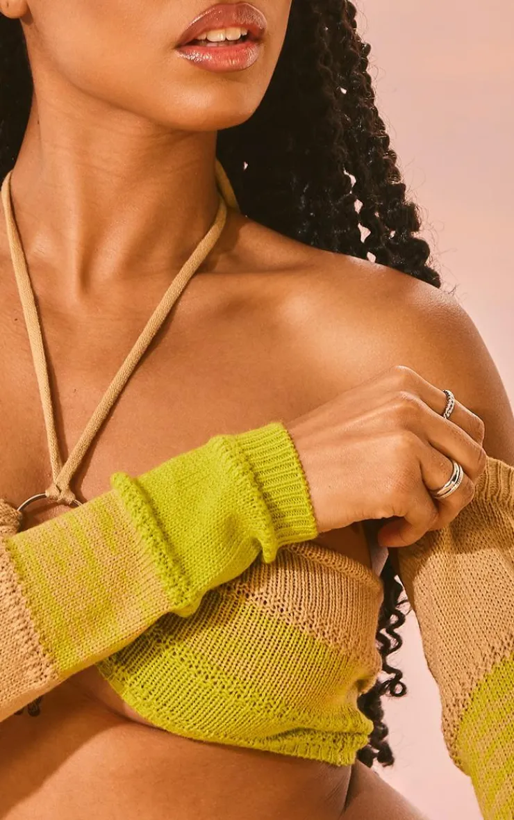 Discount PrettyLittleThing Cut Out Side Marl Knit Bralet & Sleeves Yellow