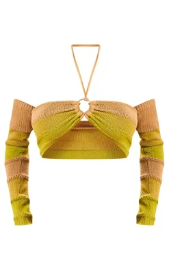Discount PrettyLittleThing Cut Out Side Marl Knit Bralet & Sleeves Yellow