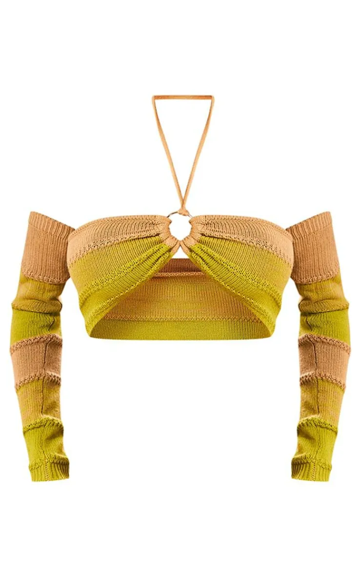 Discount PrettyLittleThing Cut Out Side Marl Knit Bralet & Sleeves Yellow