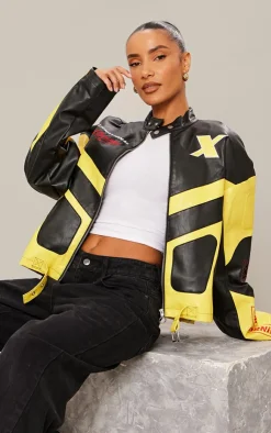 PrettyLittleThing Faux Leather Jackets*Faux Leather Contrast Panel Oversized Motocross Jacket