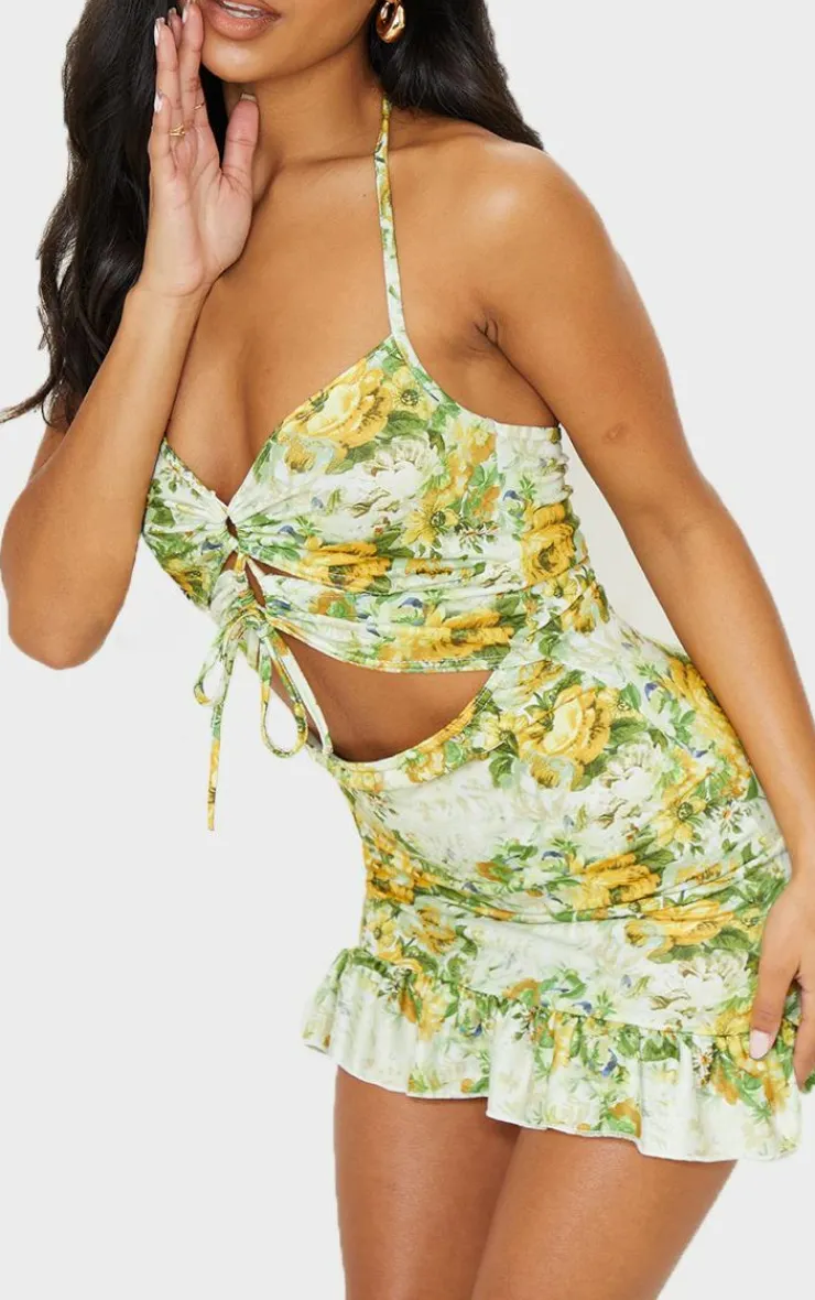 Floral Print Cut Out Frill Hem Halterneck Shift Dress-PrettyLittleThing Best