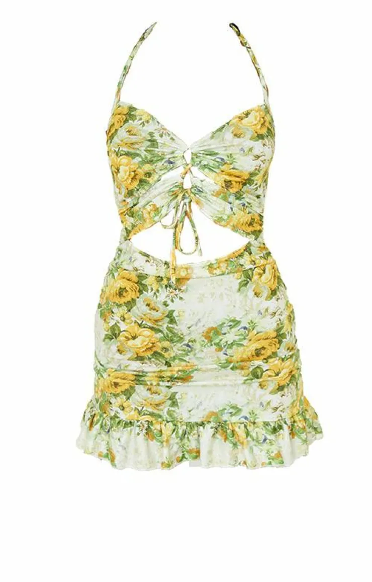 Floral Print Cut Out Frill Hem Halterneck Shift Dress-PrettyLittleThing Best