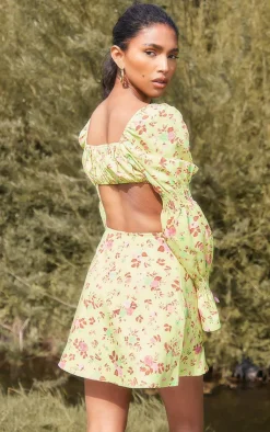 Clearance PrettyLittleThing Floral Print Woven Ruched Long Sleeve Crop Top Yellow