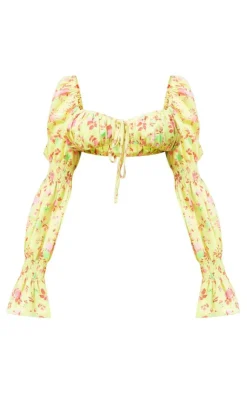 Clearance PrettyLittleThing Floral Print Woven Ruched Long Sleeve Crop Top Yellow