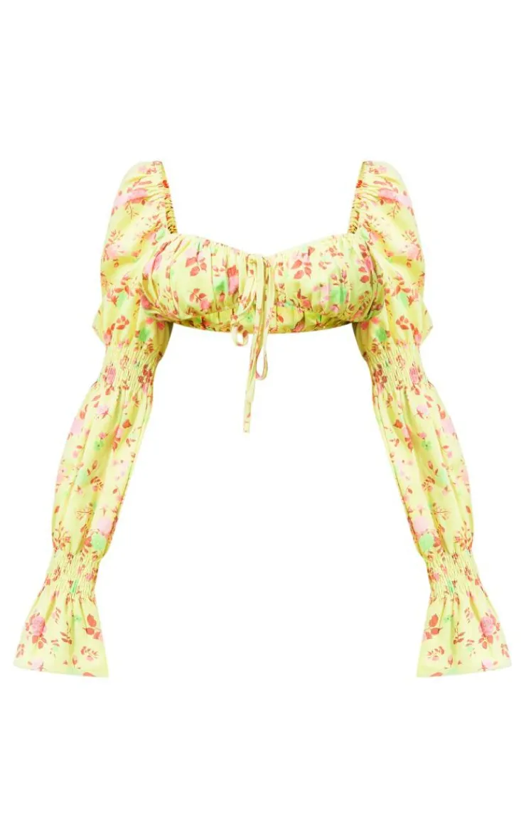 Clearance PrettyLittleThing Floral Print Woven Ruched Long Sleeve Crop Top Yellow
