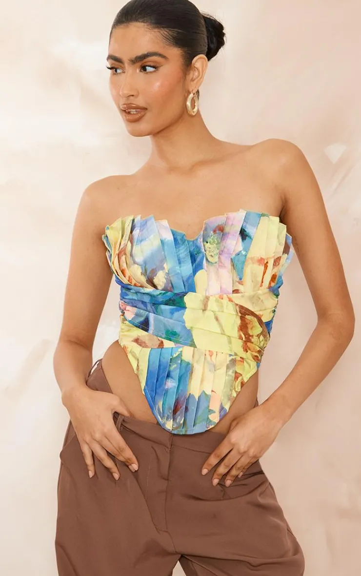 PrettyLittleThing Corsets*Floral Print Woven Pleated Drape Front Corset
