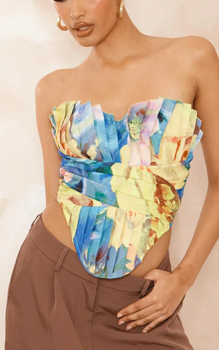 PrettyLittleThing Corsets*Floral Print Woven Pleated Drape Front Corset