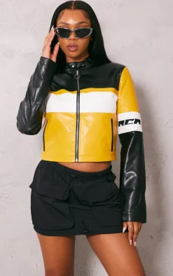 PrettyLittleThing Faux Leather Jackets*Graphic Back Fitted Faux Leather Racer Jacket