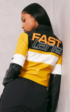 PrettyLittleThing Faux Leather Jackets*Graphic Back Fitted Faux Leather Racer Jacket