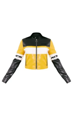 PrettyLittleThing Faux Leather Jackets*Graphic Back Fitted Faux Leather Racer Jacket