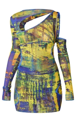 Grunge Print Tie Dye Mesh Double Layer Cut Out Bodycon Dress-PrettyLittleThing Sale