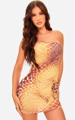 Outlet PrettyLittleThing Print Slinky Ruched Asymmetric Bandeau Yellow