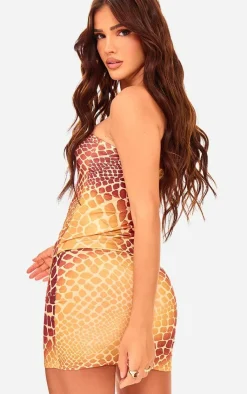 Outlet PrettyLittleThing Print Slinky Ruched Asymmetric Bandeau Yellow