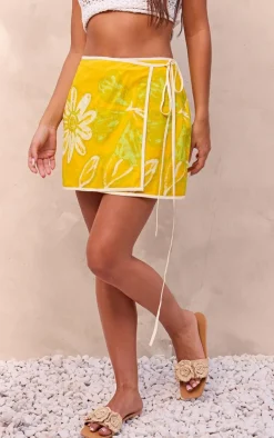 Yellow Printed Wrap Front Mini Skirt