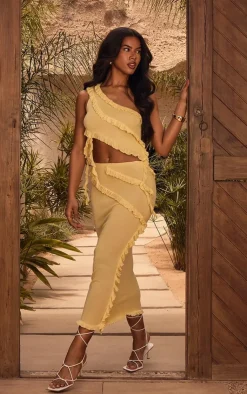 Clearance PrettyLittleThing Rib Knit Frill Detail Maxi Skirt Yellow