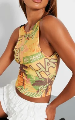 PrettyLittleThing Sleeveless Tops*Slinky Printed Lace Back Crop Top