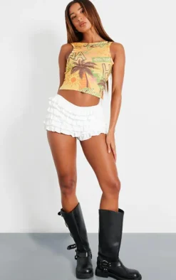 PrettyLittleThing Sleeveless Tops*Slinky Printed Lace Back Crop Top