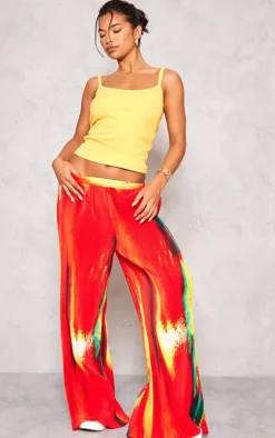 Yellow Sunset Print Plisse High Waisted Wide Leg Pants