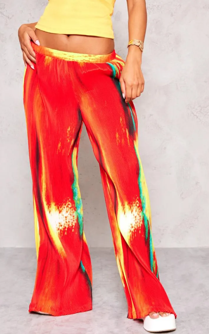 Yellow Sunset Print Plisse High Waisted Wide Leg Pants