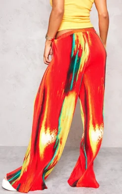 Yellow Sunset Print Plisse High Waisted Wide Leg Pants