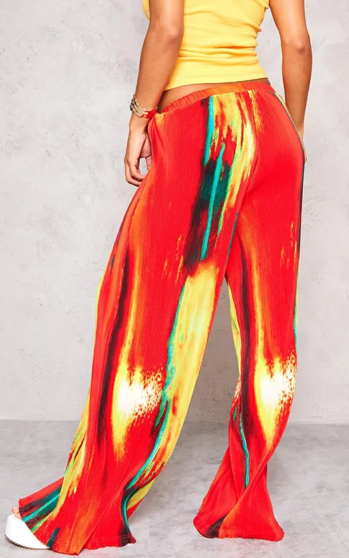 Yellow Sunset Print Plisse High Waisted Wide Leg Pants