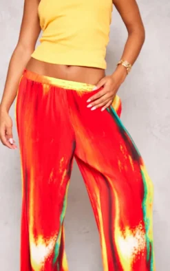 Yellow Sunset Print Plisse High Waisted Wide Leg Pants