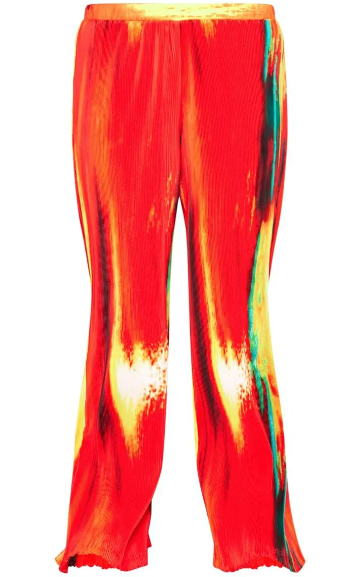 Yellow Sunset Print Plisse High Waisted Wide Leg Pants