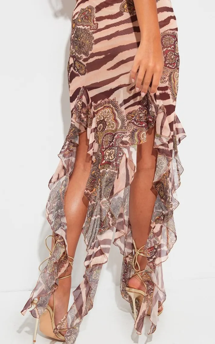 Zebra Paisley Printed Ruffle Hem Midi Skirt