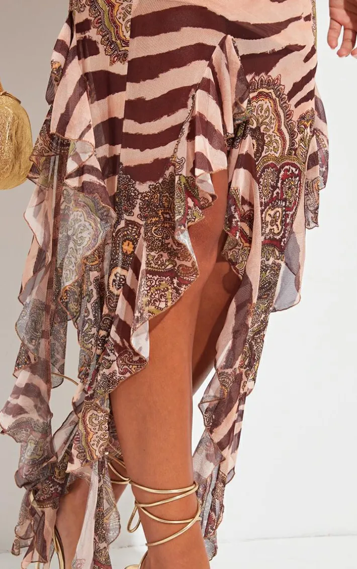 Zebra Paisley Printed Ruffle Hem Midi Skirt