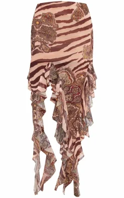 Zebra Paisley Printed Ruffle Hem Midi Skirt
