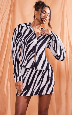 Outlet PrettyLittleThing Print Plisse Button Up Fitted Shirt Zebra