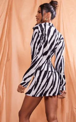 Outlet PrettyLittleThing Print Plisse Button Up Fitted Shirt Zebra