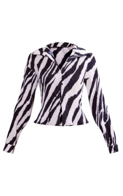 Outlet PrettyLittleThing Print Plisse Button Up Fitted Shirt Zebra